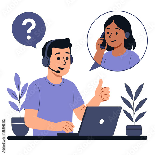 Flat Vector Illustration of Male Customer Support Agent Assisting Female Client Remotely with Thumbs Up Gesture