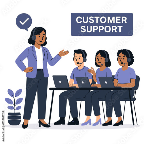 Customer Support Manager Overseeing Team of Call Center Agents Working on Laptops in Flat Style Office Vector Illustration 