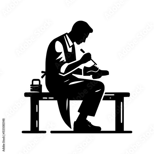 Shoemaker repairing shoe on workbench