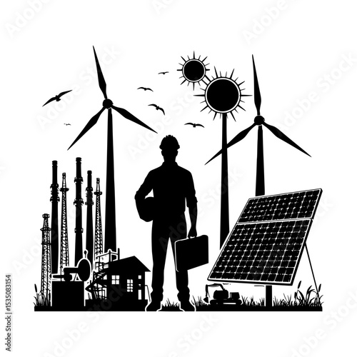 Engineer with alternative energy sources illustration