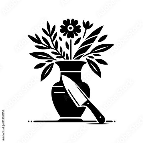 Black and white floral vase with knife illustration