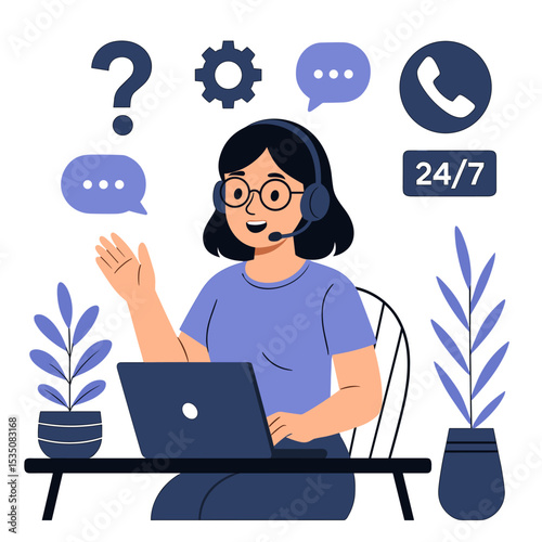 Flat Digital Vector Illustration of a Call Center Agent Giving Customer Support Through Headset and Laptop