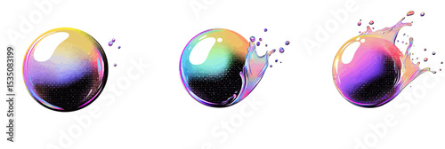 Realistic glossy soap bubble bursting animation sequence with colorful rainbow reflections and water splash isolated on white background vector illustration