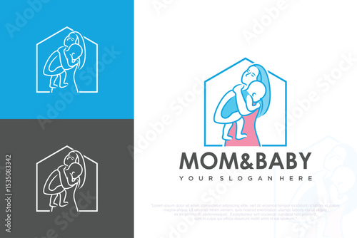 Baby and mom home logo design. baby massage spa treatment. vector illustration