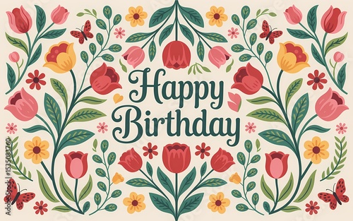 Hungarian Kalocsa Embroidery, Floral Happy Birthday Card with Tulips, Butterflies, and Decorative Leaves