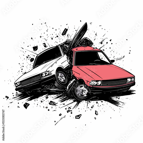 Collision crash between red and white cars with shattered glass and debris flying dynamic vector illustration in flat minimalist style for accident concept