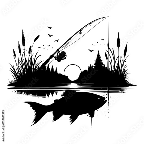 Silhouette of fishing rod and fish at sunset