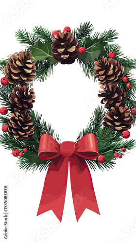 Festive Christmas wreath with pinecones, red berries, green pine branches, and red ribbon bow, traditional holiday decoration on white background in flat minimalist vector style