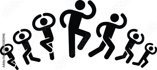 A collection of sharp, smooth vector icons showing stick figures engaged in diverse physical activities – stretching, cardio, and strength.