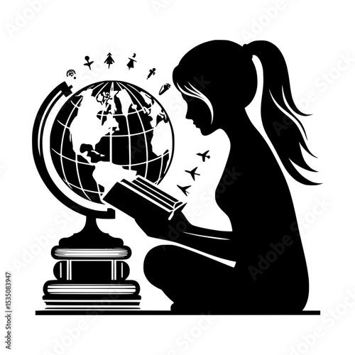 Girl studying geography with globe and books