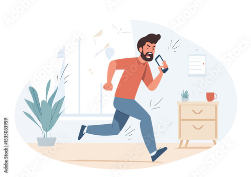 Angry businessman running indoors holding smartphone frustrated with customer complaint or negative feedback in modern office interior flat vector illustration