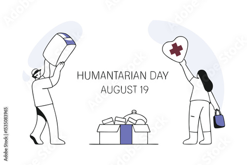 Flat style humanitarian day illustration featuring diverse people working together