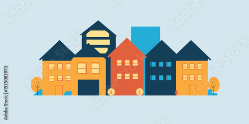 Flat colorful row of modern suburban houses with trees and dollar coins symbolizing real estate investment and property value concept in minimalist style vector illustration