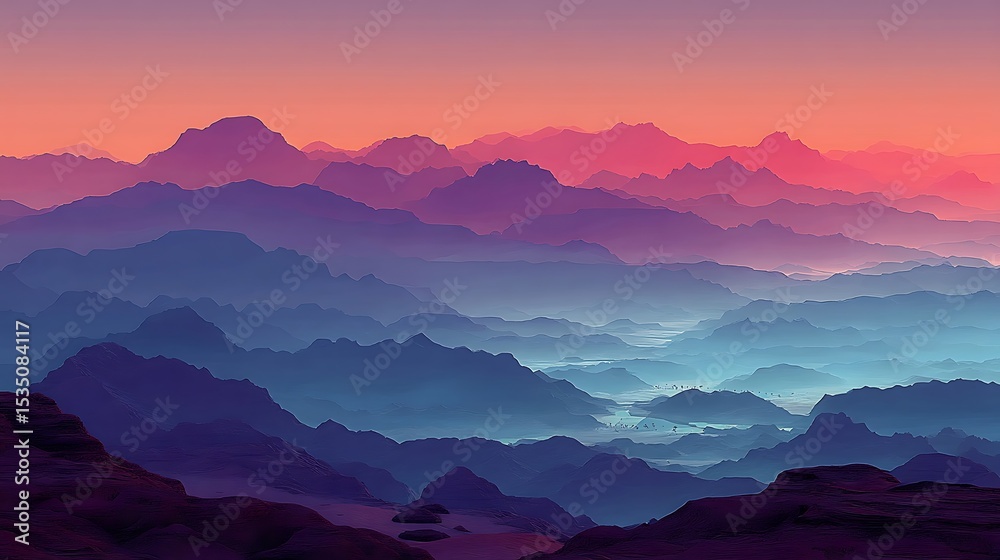 Fototapeta premium the image shows a serene mountain landscape in the evening. several layers of mountains fade into the distance, creating a sense of depth