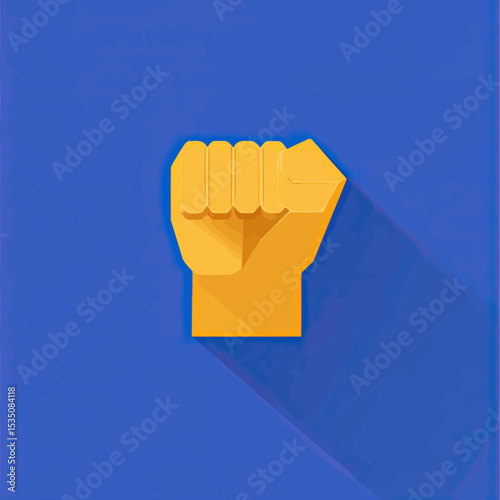 Yellow raised fist icon flat minimalist design with long shadow on blue background symbolizing power strength unity and resistance concept vector graphic illustration