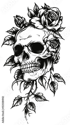 Black and white detailed skull with blooming roses and leaves tattoo design in flat minimalist vector style with botanical elements and thorns