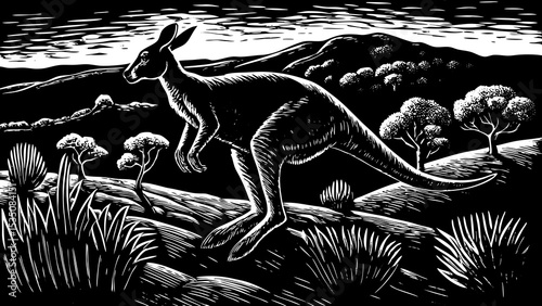 kangaroo jumping across the outback with its joey in the pouch black and white sketch vector