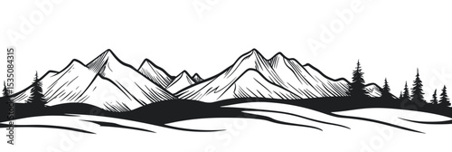 Hand-drawn black outline mountain range with forest silhouette and rolling hills minimalist vector landscape panoramic nature scenery ink sketch travel outdoors background