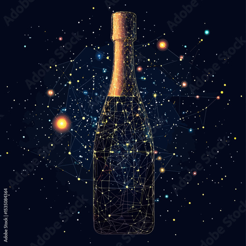Abstract champagne bottle wireframe with glowing starry space background and connected network points in dark cosmic style vector illustration
