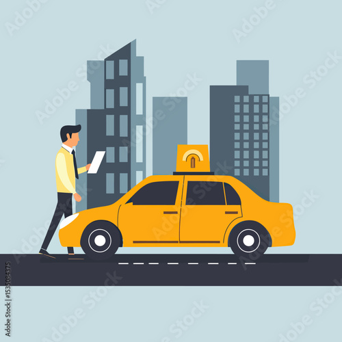 Business man reading phone walking to yellow taxi car on city street with modern skyscrapers urban background flat vector illustration