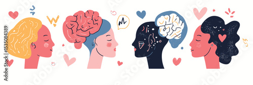 Mental health awareness profile faces with colorful human brains illustration self love concept emotional wellbeing and mindfulness symbols in flat minimalist style vector
