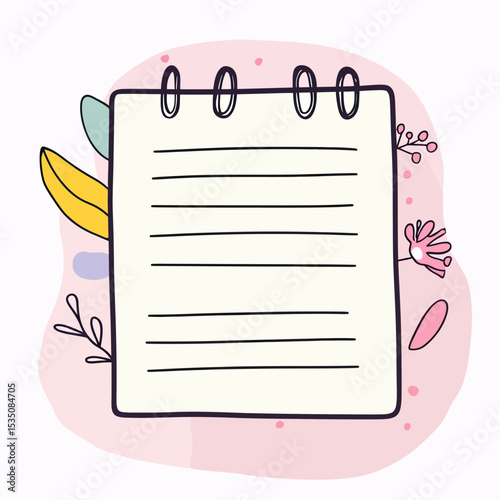 Hand drawn spiral bound notepad with blank lined paper and decorative colorful doodle leaves and flowers in soft pastel minimalist style vector illustration for notes and journaling