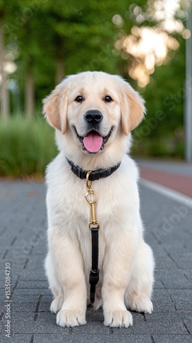 International Dog Day A cheerful golden retriever puppy sitting happily on a paved pathway in the park.