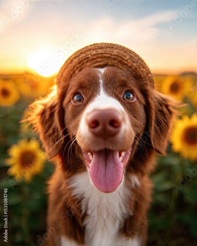 International Dog Day A cheerful dog in a sunhat smiles in a vibrant sunflower field during sunset.