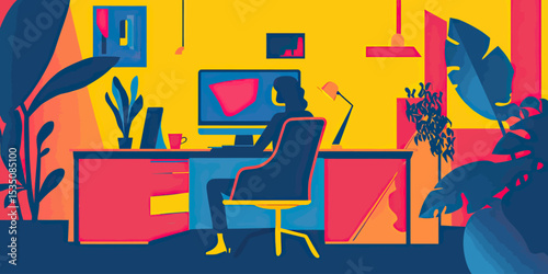 Remote worker sitting at desk with computer screen in bright colorful home office environment with plants and modern furniture flat vector illustration