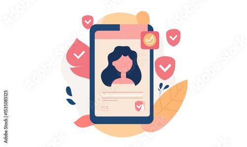 Flat vector illustration of an online user profile with verification checkmarks and secure badges indicating authenticity and trustworthiness in digital identity management