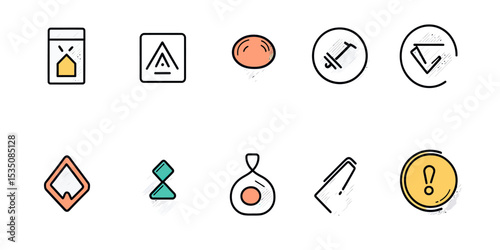 Set of nine minimalistic alert and warning icons including exclamation marks, caution signs, triangles, and hazard symbols in thin line style with simple color accents