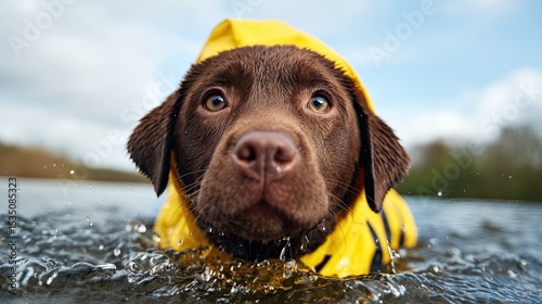 International Dog Day A playful dog wearing a yellow raincoat swimming in a serene river.