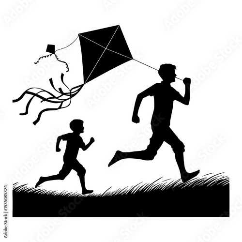 Silhouette of two boys running with a kite