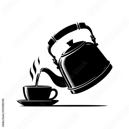 Vintage kettle pouring tea into cup illustration