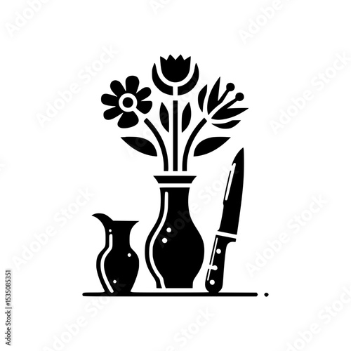 Floral still life with vase jug and knife