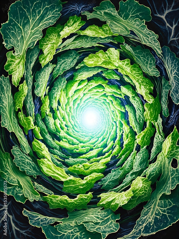 Obraz premium Abstract anime vegetable vortex, swirling cabbage leaves, distorted shapes, energetic lines, vibrant colors, sense of fresh growth.