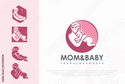 Mom and baby logo design icon with unique element concept . vector illustration