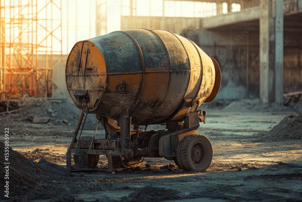 Vibrant Color Picture of Old Dirty Cement Mixer at a Construction Site Vibrant Color Picture of Old Dirty Cement Mixer at a Construction Site