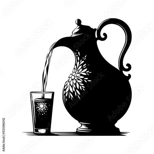 Ornate pitcher pouring water into glass