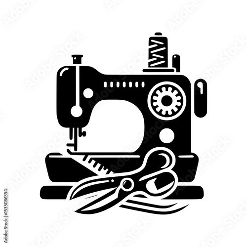 Sewing machine and scissors icon illustration