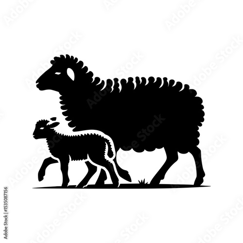 Black silhouette of ewe and lamb walking