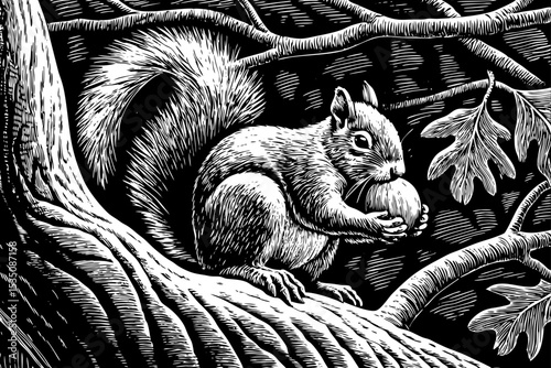 Squirrel holding a nut while perched on a tree branch black and white sketch vector