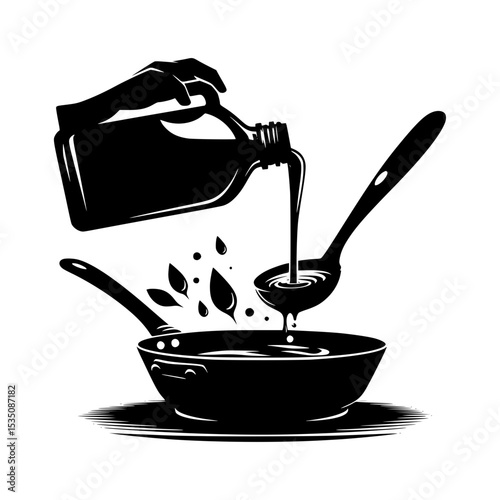 Pouring cooking oil into frying pan illustration