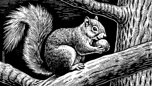Squirrel holding a nut while perched on a tree branch black and white sketch vector