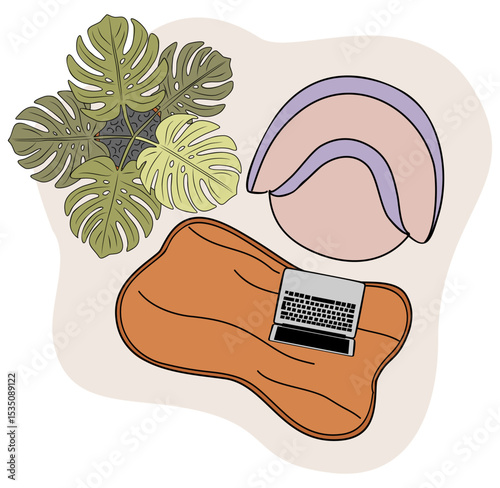 Top view vector illustration of a cozy home office workspace with a wooden desk, laptop, comfortable armchair, and a green monstera plant, perfect for remote work and productivity designs.