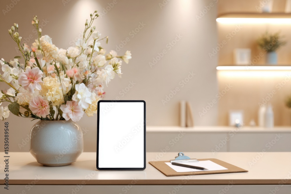 Fototapeta premium Reception Counter with Flowers and Tablet 