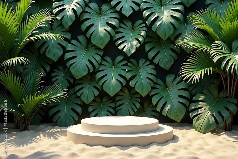 Fototapeta premium Creamy gray round podium on clear sand, surrounded by vibrant sunlit tropical monstera and palm leaves