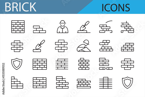 Line art icons of brick walls, bricklayers, and home construction tools for use in design projects