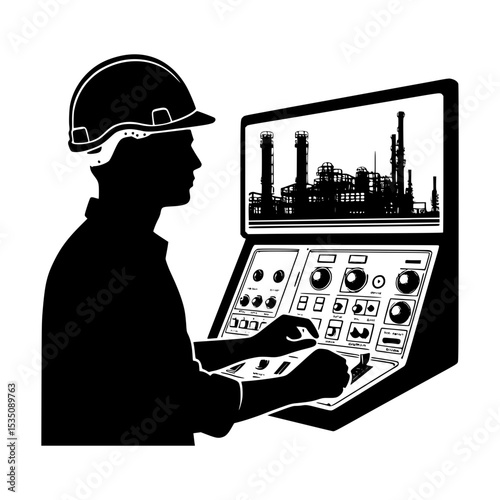 Industrial worker monitoring refinery control panel