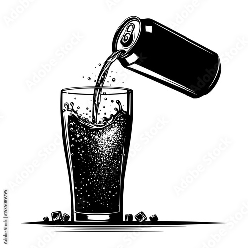 Black and white illustration of soda pouring into glass